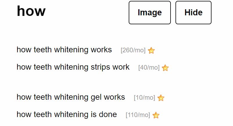 "Teeth whitening" search results from the content tool Answer the Public