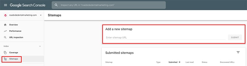 Screenshot showing the submission field inside Google Search Console for sitemaps