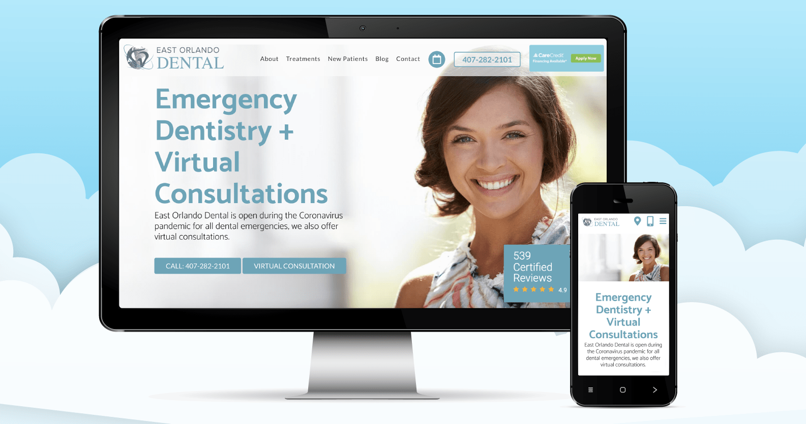 A dental website's homepage highlighting emergency dentistry and virtual consultations
