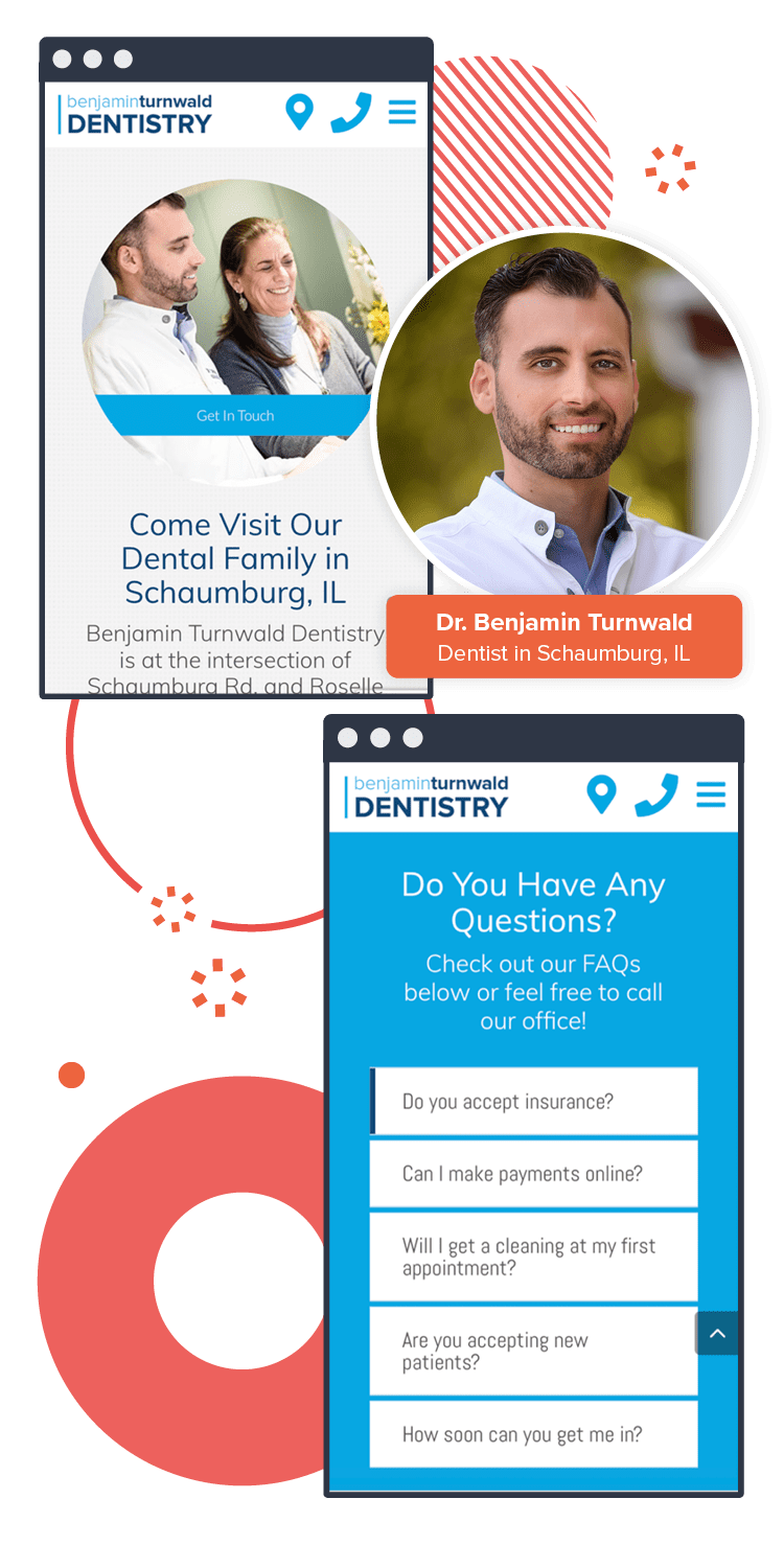 Examples of the marketing and branding package that Roadside created for Dr. Benjamin Turnwald, a dentist in Schaumburg, IL.