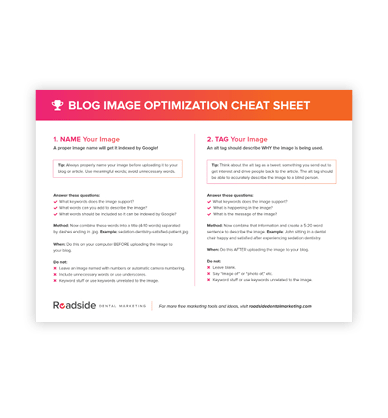 Preview image of our Blog Image Optimization Cheat Sheet, a PDF that instructs dentist offices how to select, use, and optimize images for blog posts. 