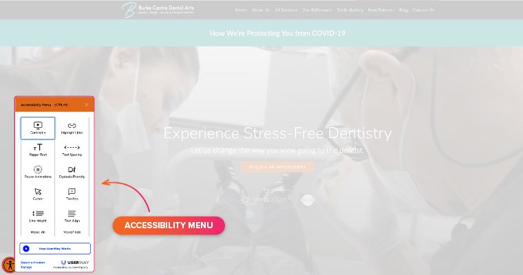 ADA Accessibility menu on a dental website
