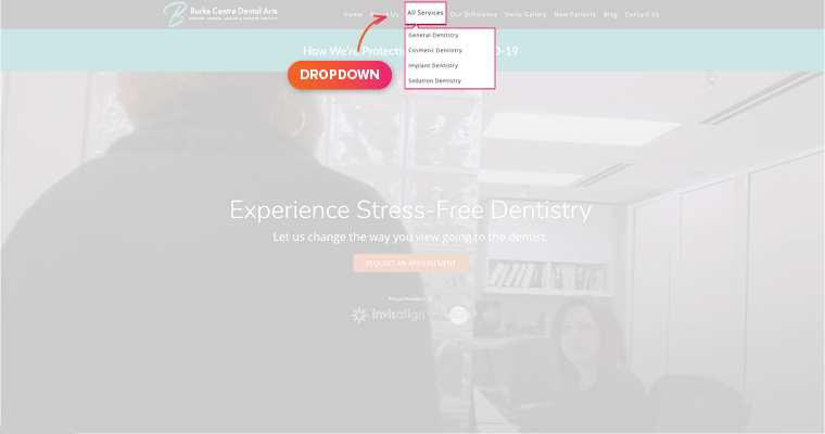 A dropdown services menu on a dental website