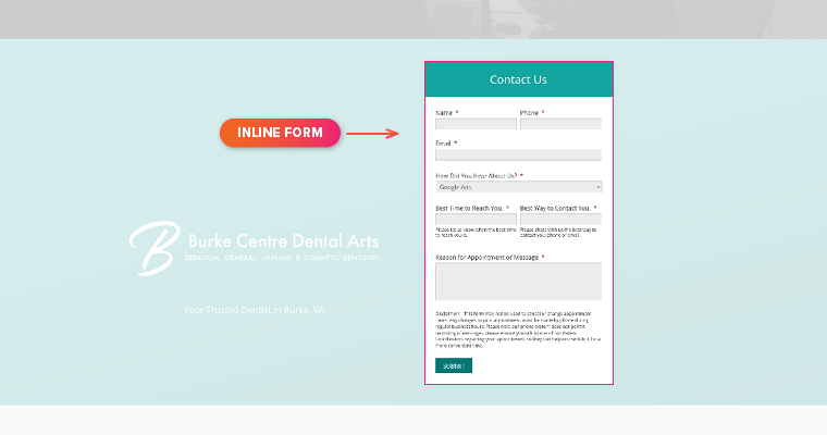 Inline form on a dental website