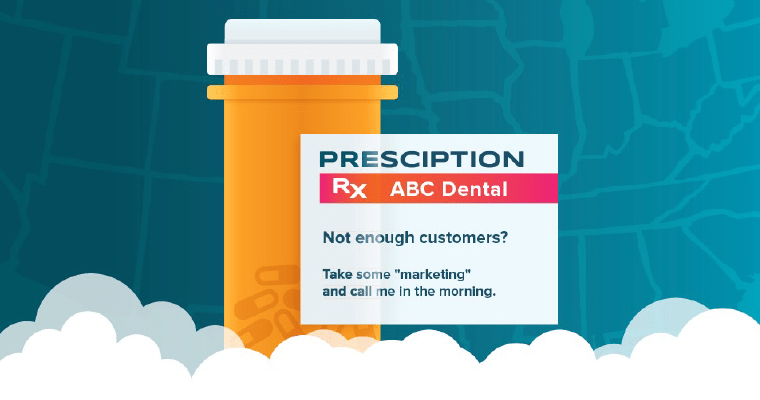 A pill bottle with marketing medicine that says, "Not enough customers? Take some marketing and call me in the morning."