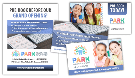 Promotions for Park Pediatric's pre-book campaign Image of DIY marketing materials to help promote campaign for Park Pediatric