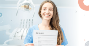 A dental assistant candidate holding up her resume